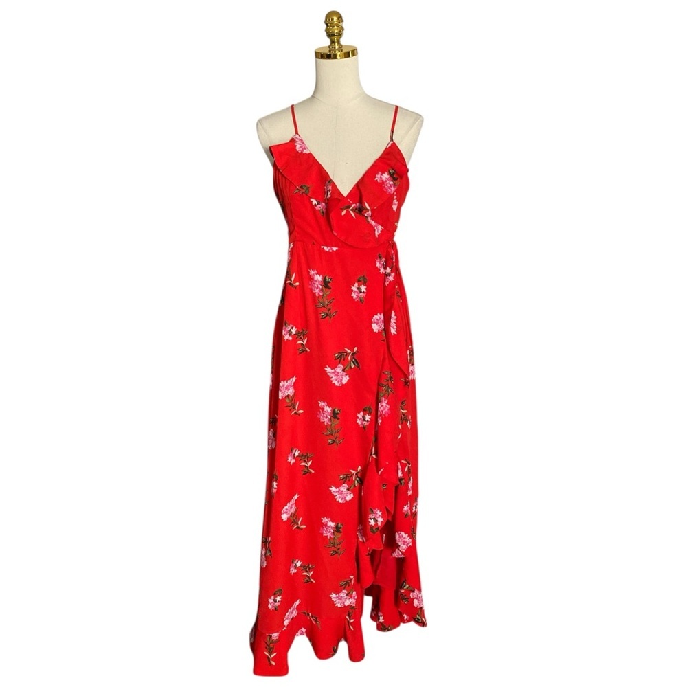 Lulus Women Red Floral Sleeveless Ruffled Wrap Flowy Prom Party Maxi Dress Sz M - Picture 5 of 10